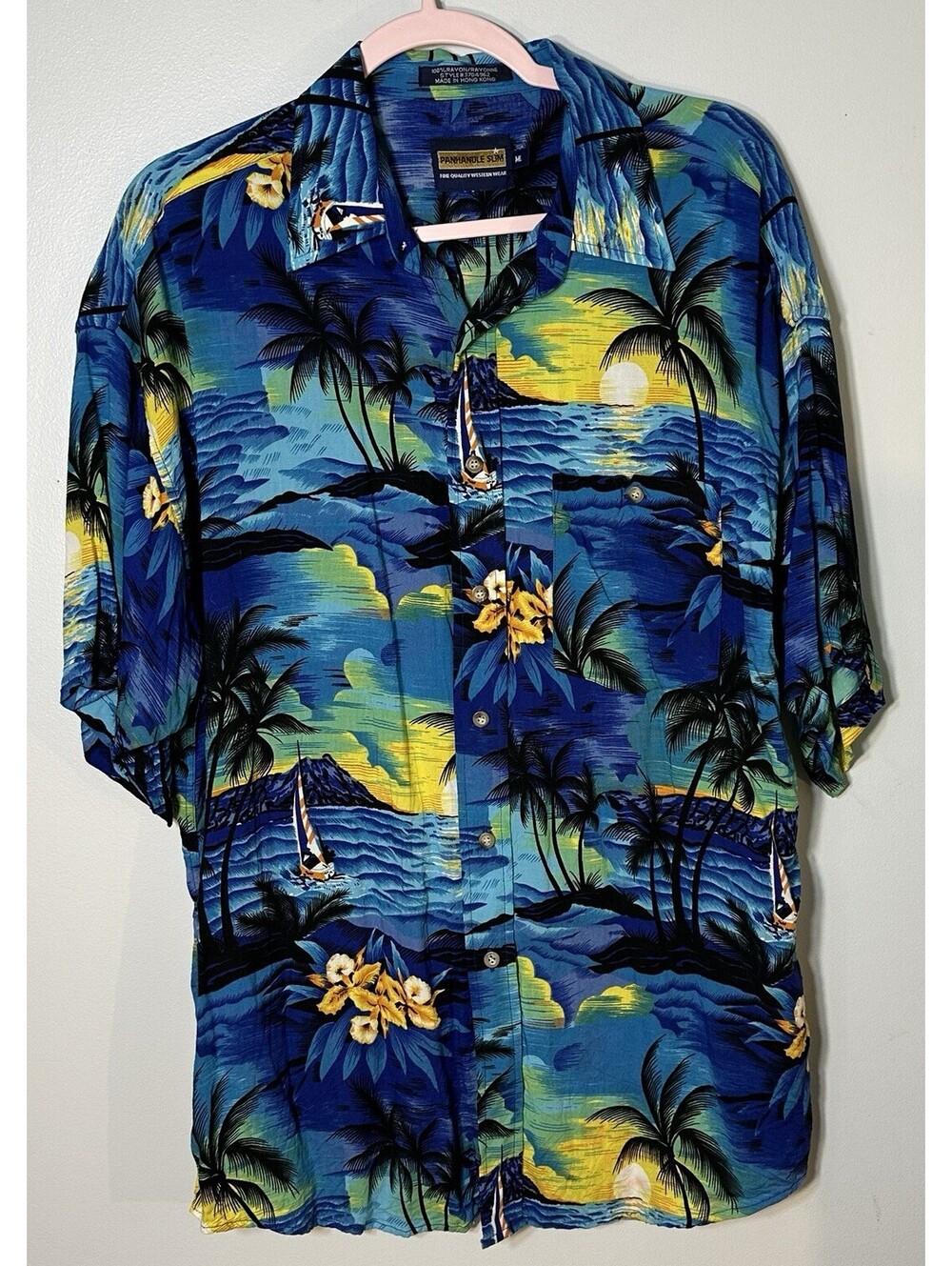 Vintage Panhandle Slim Western Hawaiian Sunset Coastal Button Up Shirt Size ML